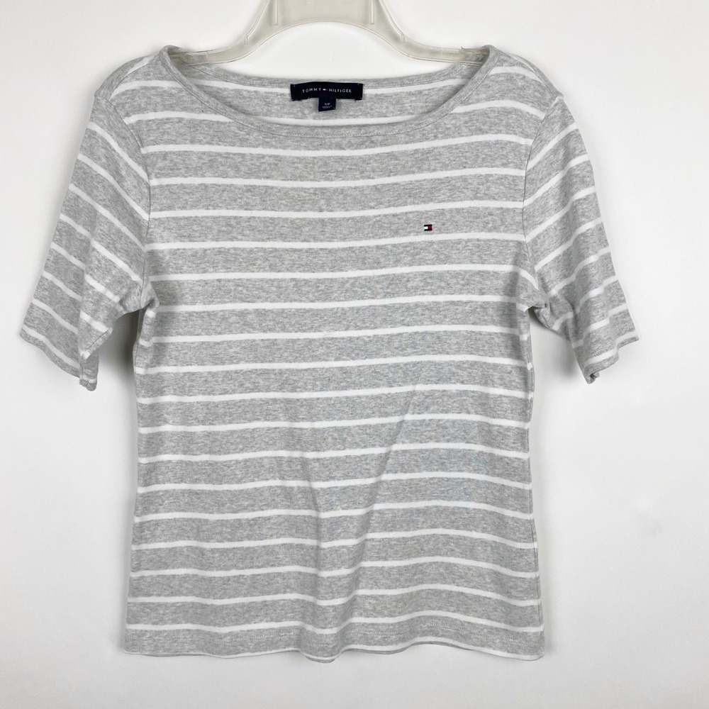 Tommy Hilfiger Womens Gray White Striped Boat Neck T Shirt Top Size S Short Slv